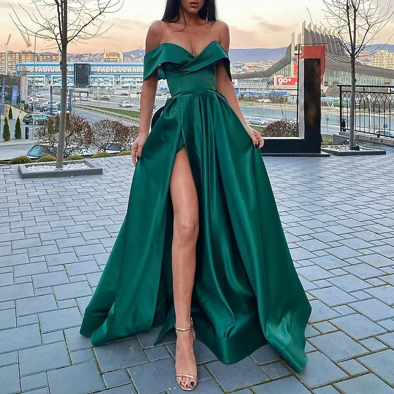 Elegant Maxi Off-Shoulder Sexy Short Sleeve V Neck Ruched Ball Gown High-Slit Evening Dress