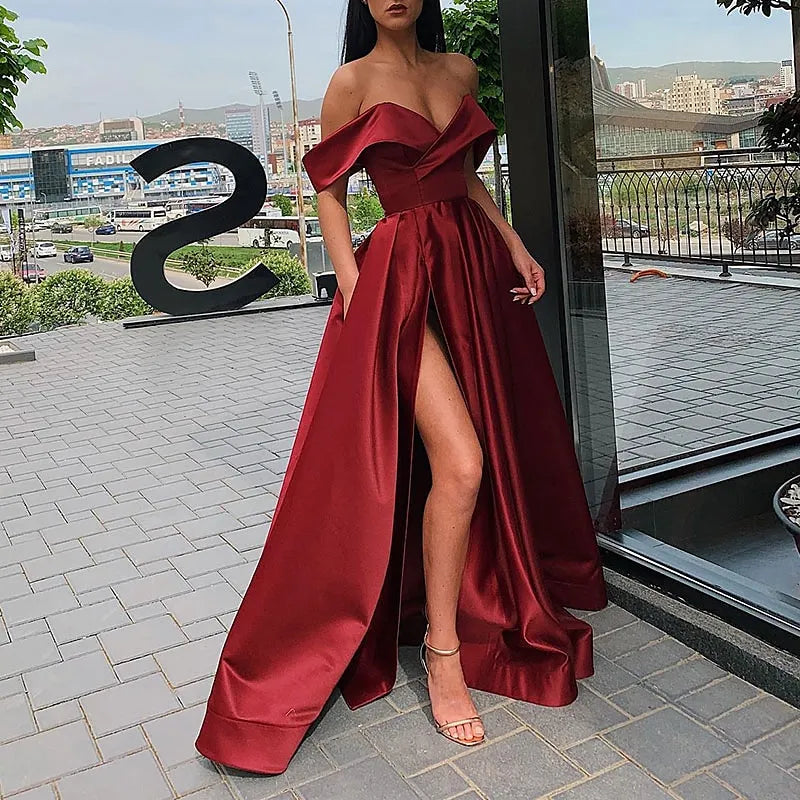 Elegant Maxi Off-Shoulder Sexy Short Sleeve V Neck Ruched Ball Gown High-Slit Evening Dress