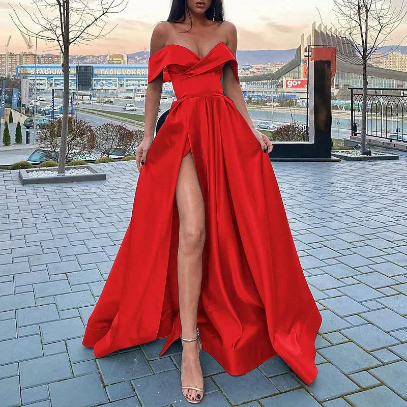 Elegant Maxi Off-Shoulder Sexy Short Sleeve V Neck Ruched Ball Gown High-Slit Evening Dress