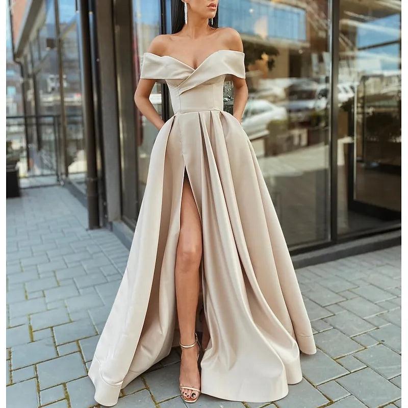 Elegant Maxi Off-Shoulder Sexy Short Sleeve V Neck Ruched Ball Gown High-Slit Evening Dress