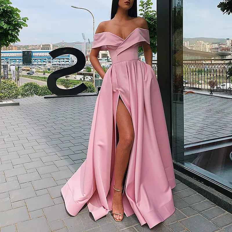 Elegant Maxi Off-Shoulder Sexy Short Sleeve V Neck Ruched Ball Gown High-Slit Evening Dress