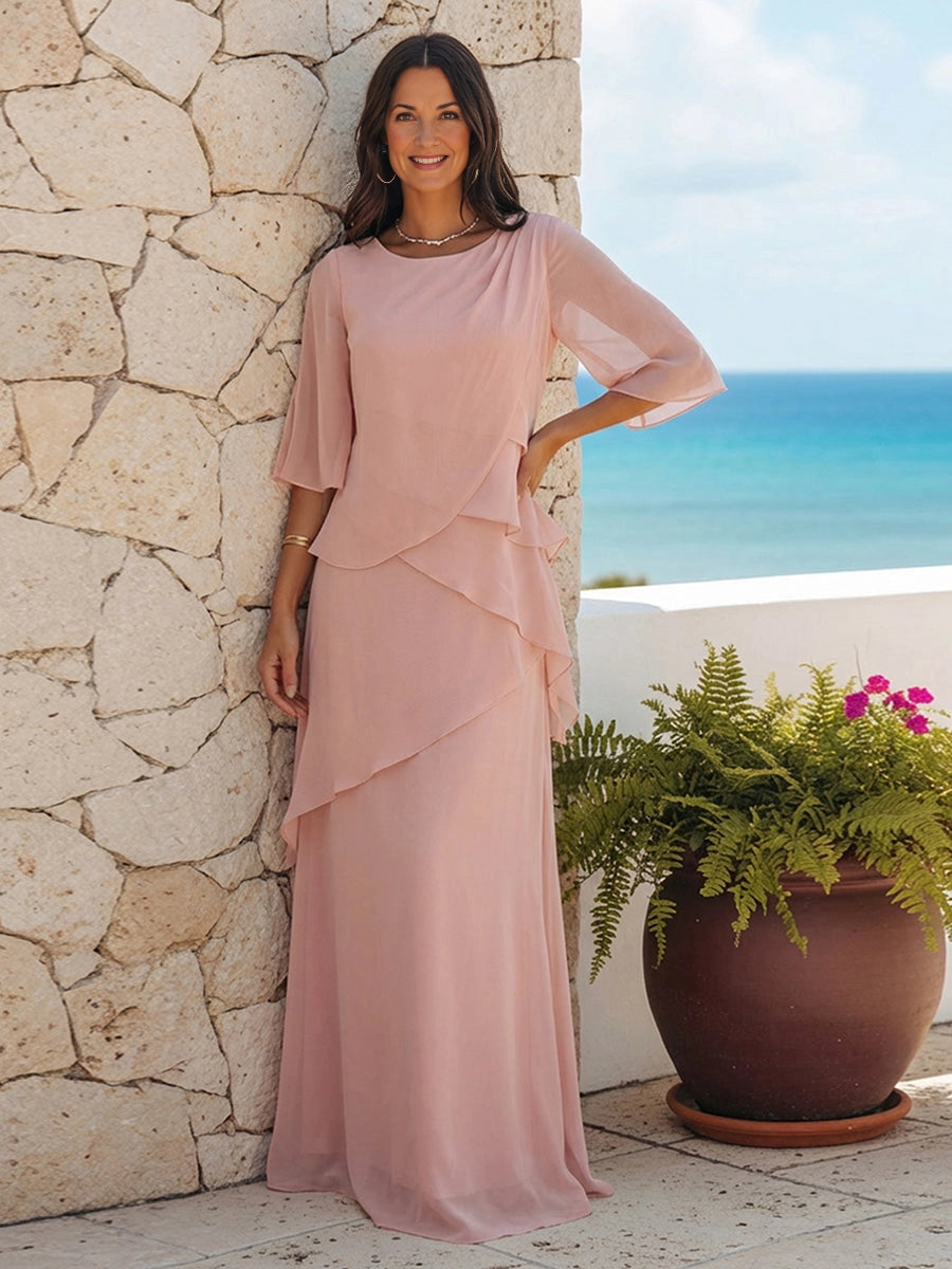 Vedress blush pink layered ruffle chiffon mother‑of‑the‑bride dress, round neck 3/4 bell sleeve, zipper‑back floor‑length beach wedding formal gown