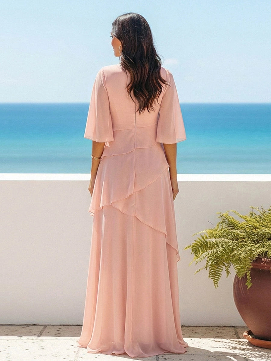 Vedress blush pink layered ruffle chiffon mother‑of‑the‑bride dress, round neck 3/4 bell sleeve, zipper‑back floor‑length beach wedding formal gown