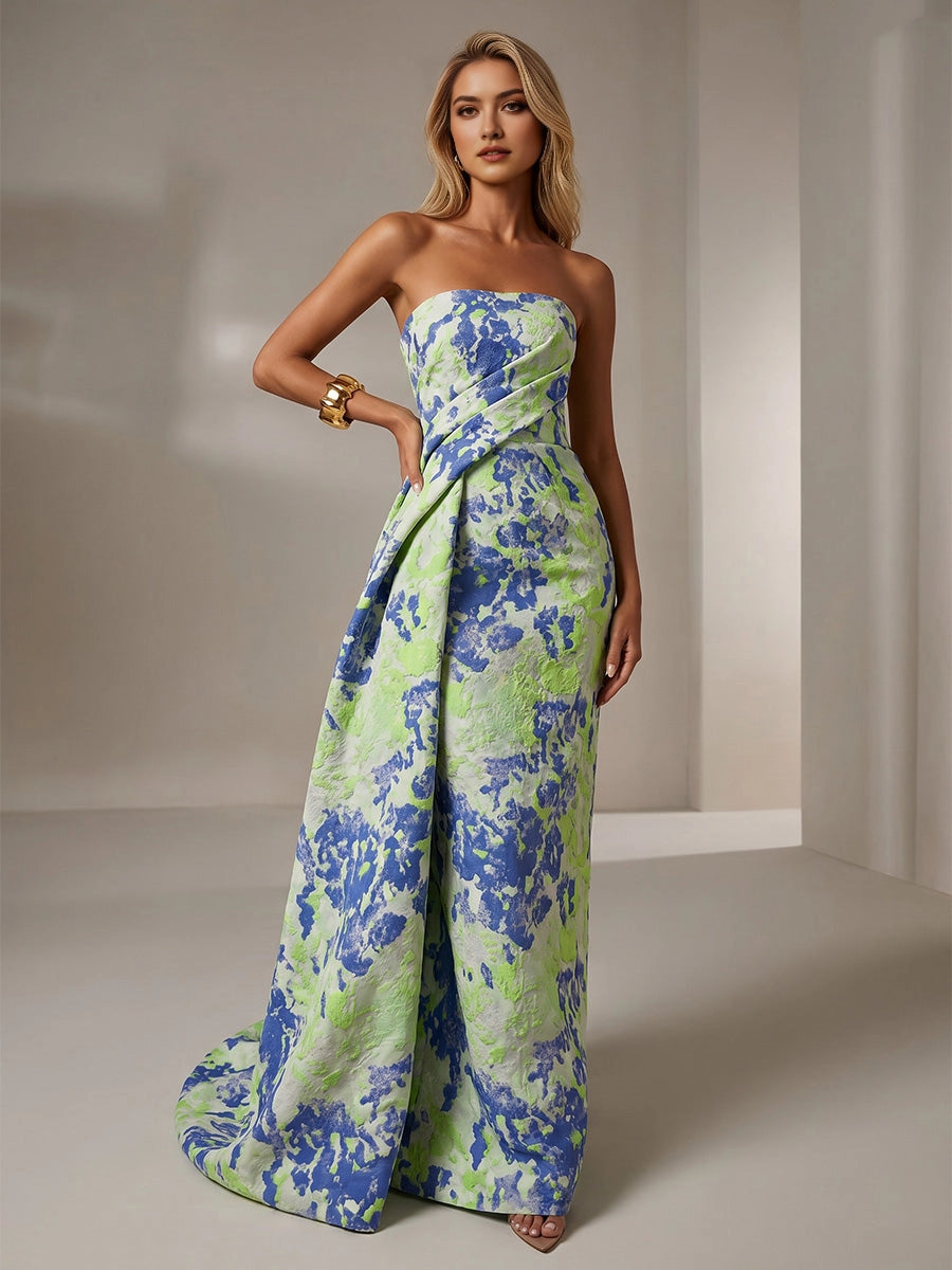 Vedress blue green floral strapless mermaid prom dress with zipper back and long sweep train