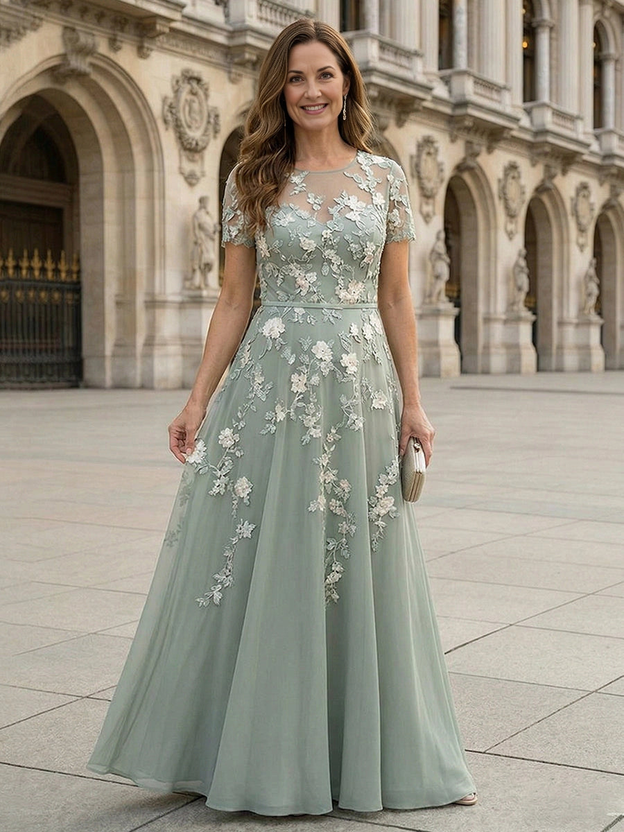 Vedress sage green tulle A‑line mother‑of‑the‑bride gown,sheer mesh neck short sleeve 3D floral applique long formal dress