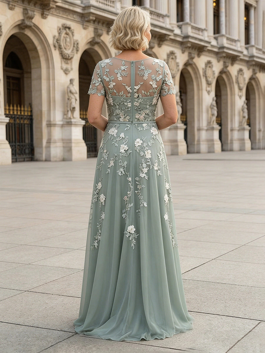 Back view Vedress sage floral‑applique mother‑of‑the‑bride dress,see‑through mesh upper‑back zip‑back tulle gown