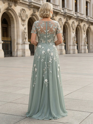 Back view Vedress sage floral‑applique mother‑of‑the‑bride dress,see‑through mesh upper‑back zip‑back tulle gown