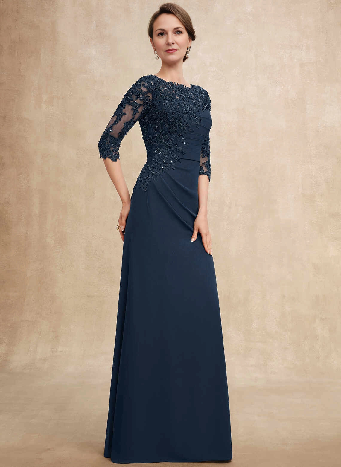 Vedress Navy Boat Neck Beaded Lace Half‑Sleeve Sheath Mother Dress Front View