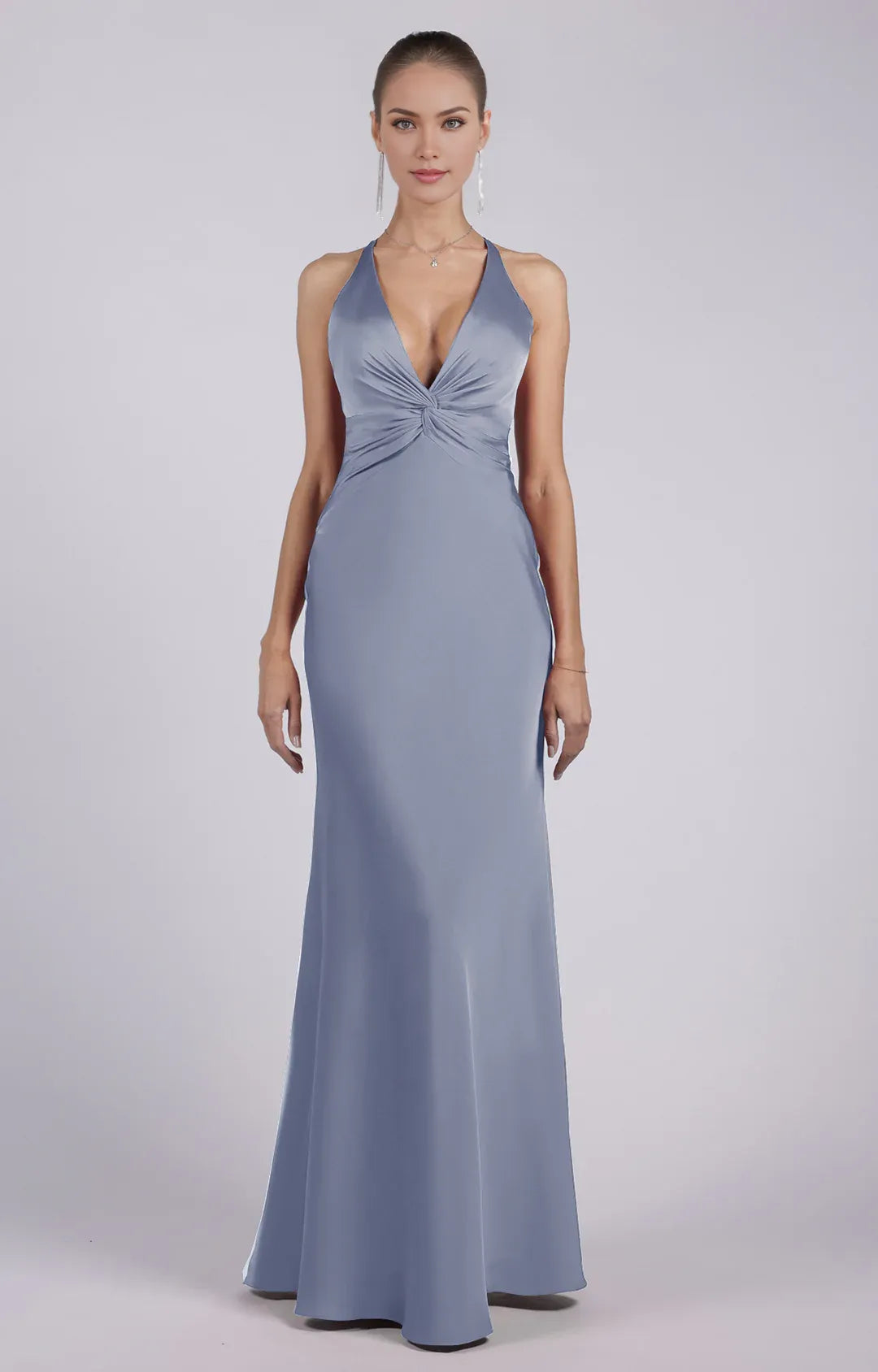 Elegant Sheath Halter Sleeveless Satin Floor-Length TwistFront Evening Dress