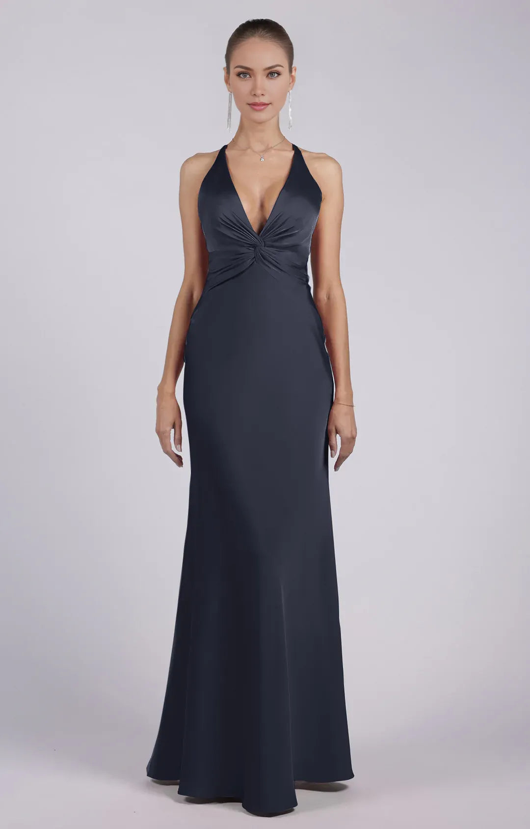 Elegant Sheath Halter Sleeveless Satin Floor-Length TwistFront Evening Dress