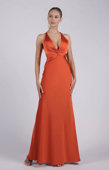 Elegant Sheath Halter Sleeveless Satin Floor-Length TwistFront Evening Dress