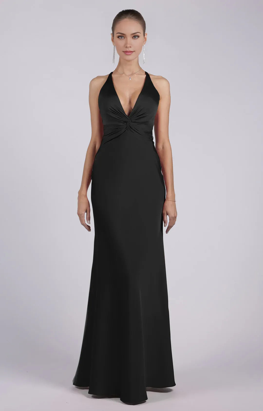 Elegant Sheath Halter Sleeveless Satin Floor-Length TwistFront Evening Dress