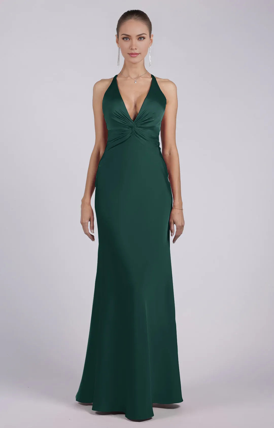 Elegant Sheath Halter Sleeveless Satin Floor-Length TwistFront Evening Dress