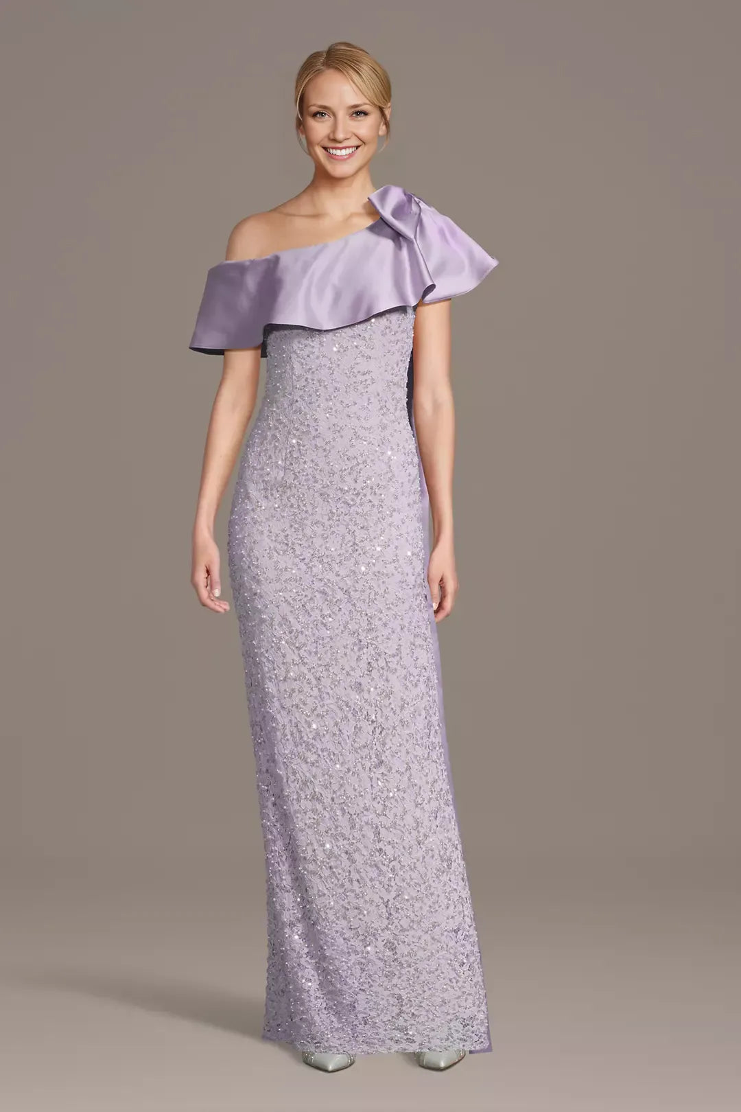 Elegant Sheath One Shoulder Beaded Satin Mother of the Bride Dress Floor Length Ruffle Gown