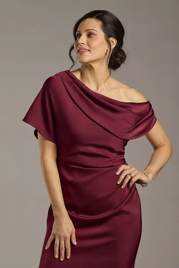 Elegant Sheath One Shoulder Satin Mother of the Bride Dress Draped Evening Gown