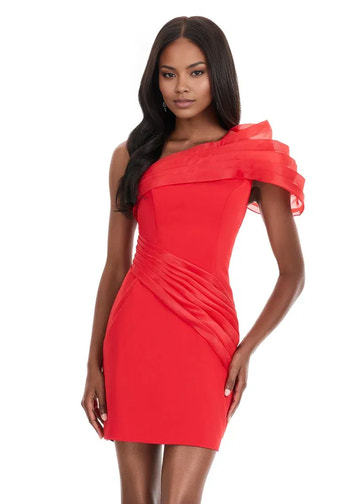 Vestido de fiesta corto de organza y jersey, sin mangas, con un solo hombro, elegante y entallado