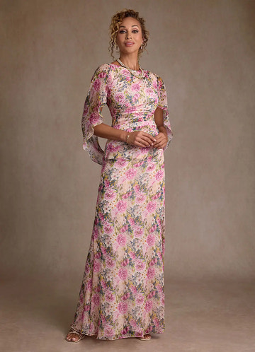 Sheath Round Neck Chiffon Floor-Length Floral Evening Gown Mother of the Bride Dress