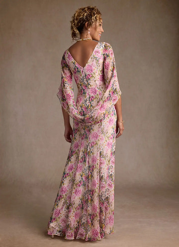 Sheath Round Neck Chiffon Floor-Length Floral Evening Gown Mother of the Bride Dress
