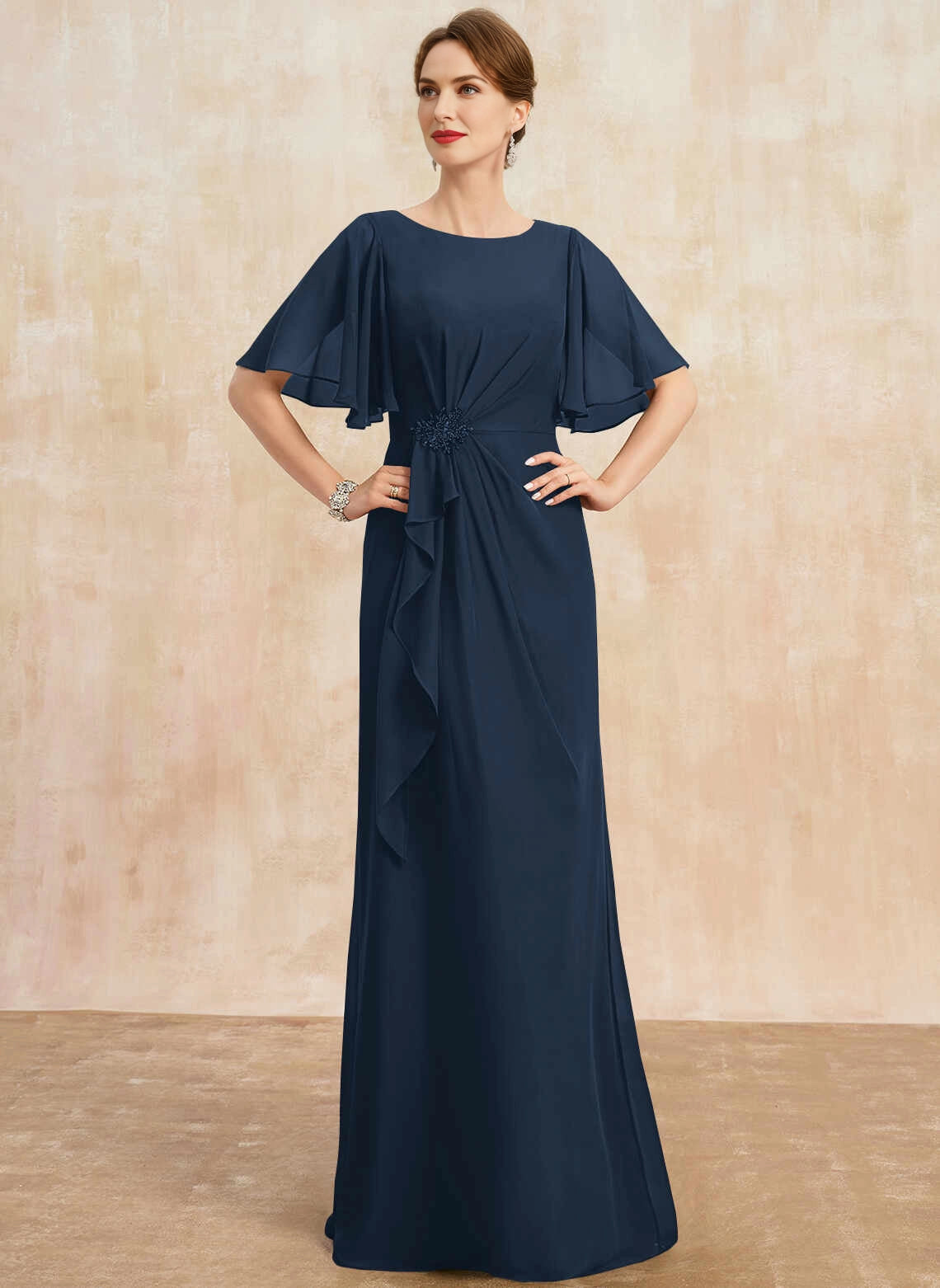 Vedress Navy Round Neck Flutter‑Sleeve Chiffon Mother Dress Front View