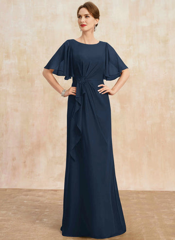 Vedress Navy Round Neck Flutter‑Sleeve Chiffon Mother Dress Front View