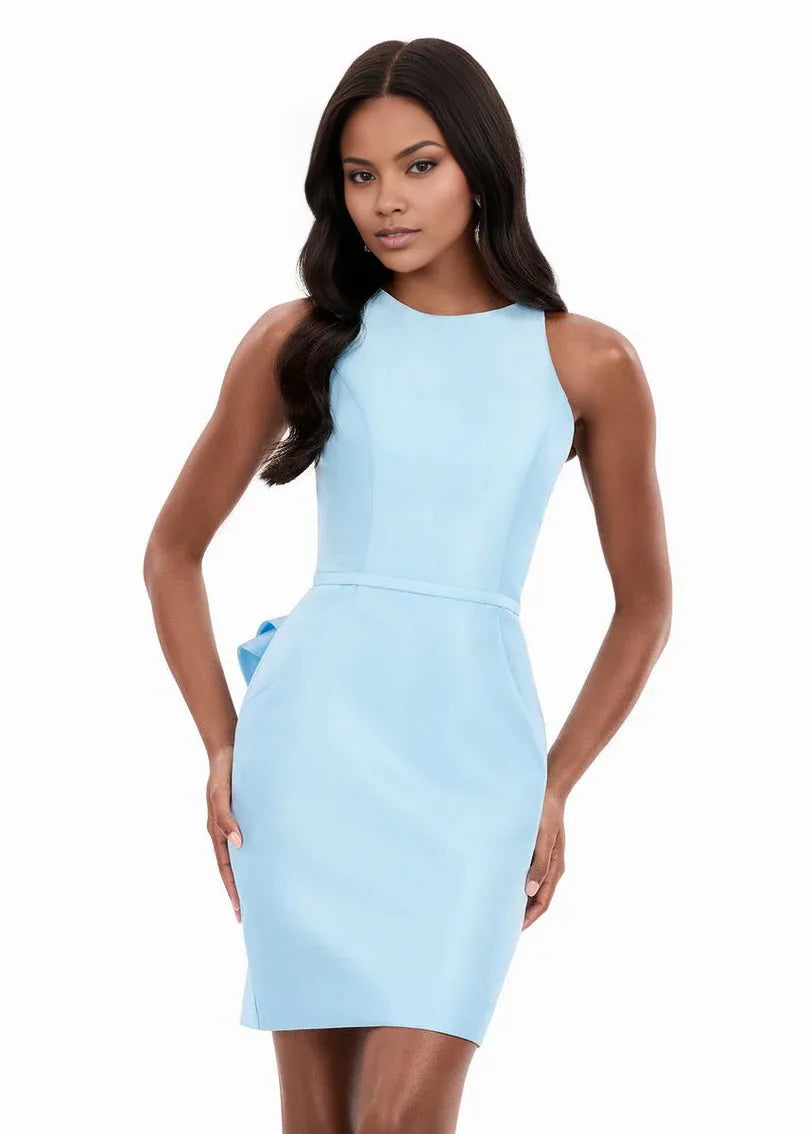 Elegant Sheath Round-Neck Sleeveless Satin Knee-Length Bow Cocktail Dress
