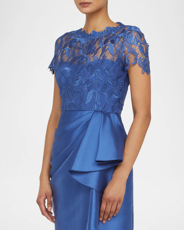 Elegant Sheath Round Neck Lace Satin Mother of the Bride Dress Ruffled Slit Evening Gown