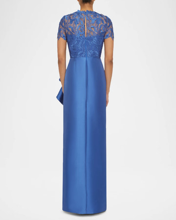 Elegant Sheath Round Neck Lace Satin Mother of the Bride Dress Ruffled Slit Evening Gown