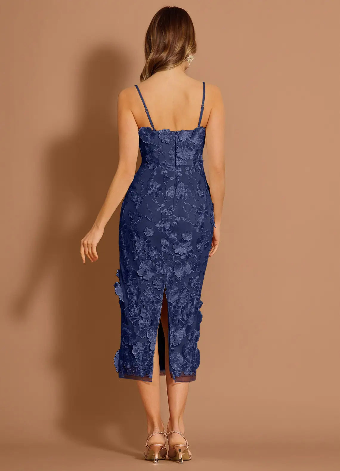 Elegant Sheath Strapless Sleeveless Mesh Midi BackSlit 3DFloral Cocktail Dress
