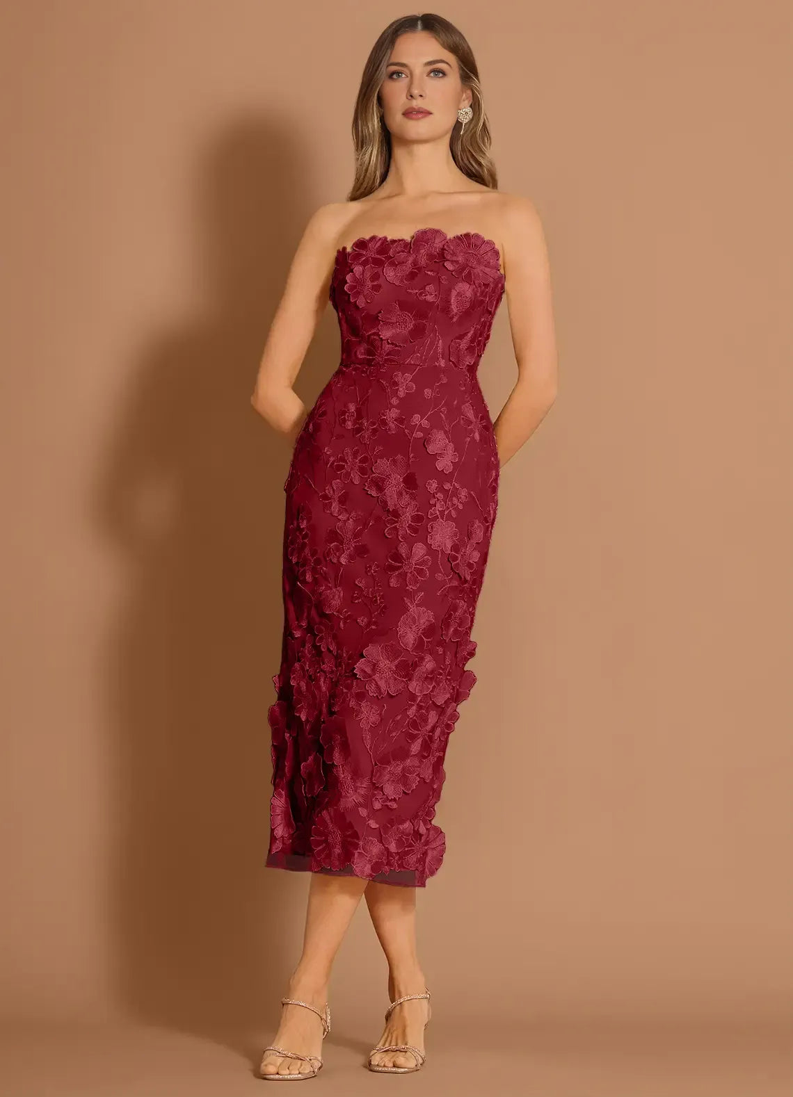 Elegant Sheath Strapless Sleeveless Mesh Midi BackSlit 3DFloral Cocktail Dress