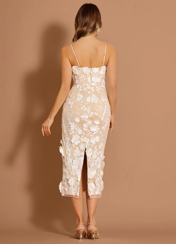 Elegant Sheath Strapless Sleeveless Mesh Midi BackSlit 3DFloral Cocktail Dress