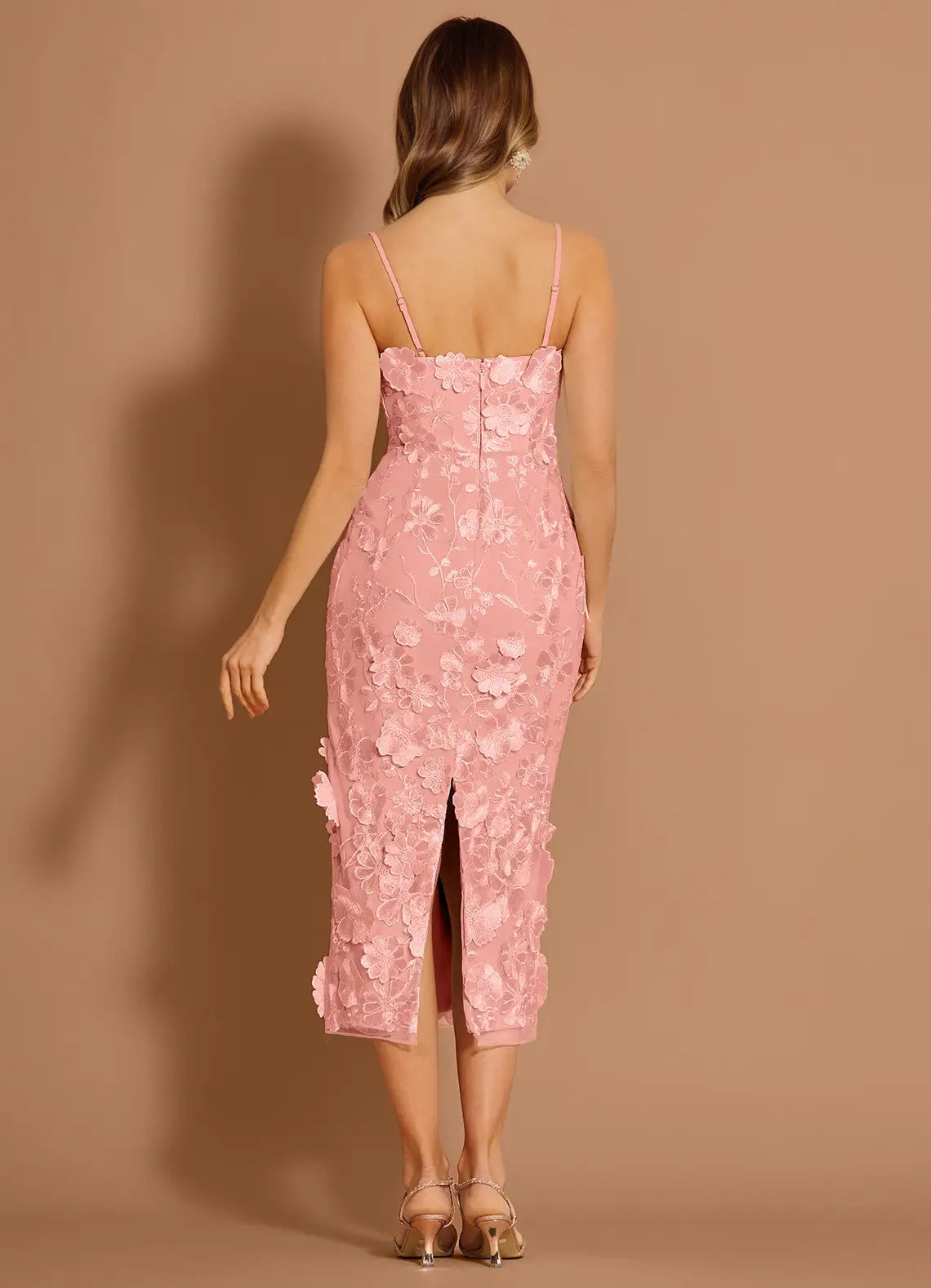 Elegant Sheath Strapless Sleeveless Mesh Midi BackSlit 3DFloral Cocktail Dress