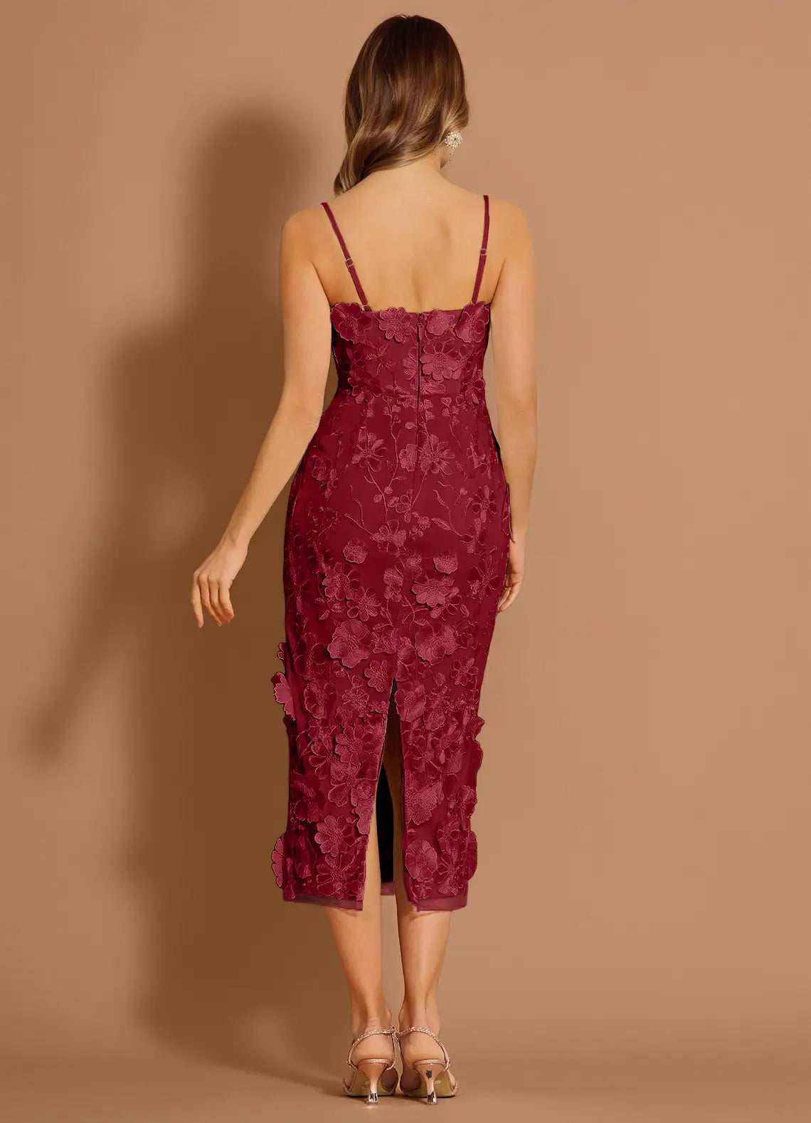 Elegant Sheath Strapless Sleeveless Mesh Midi BackSlit 3DFloral Cocktail Dress