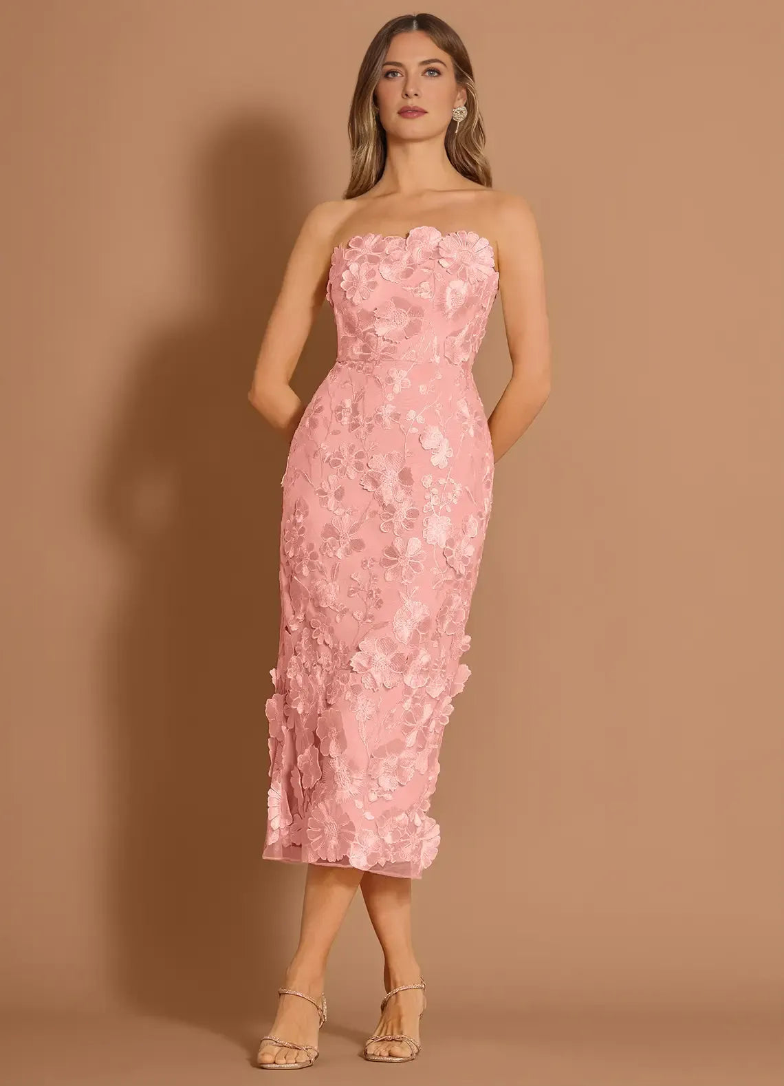 Elegant Sheath Strapless Sleeveless Mesh Midi BackSlit 3DFloral Cocktail Dress