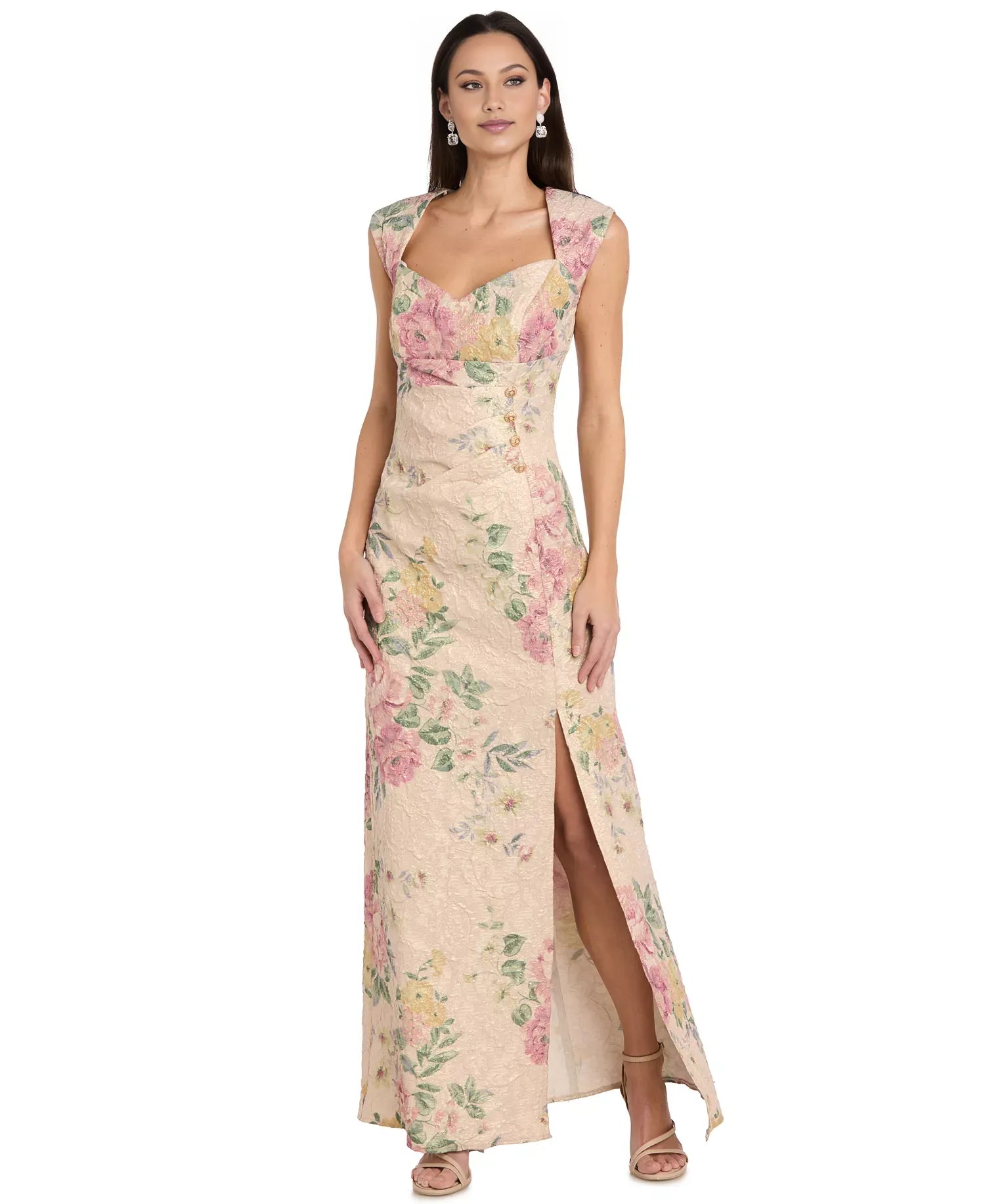 Elegant Sheath Sweetheart-Neck Jacquard Floor-Length Evening Gown with Cap Sleeves