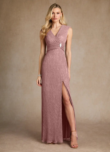 Elegant Sheath V-Neck Pleated Metallic Rhinestone Slit Mother of the Bride Dress With Capelet