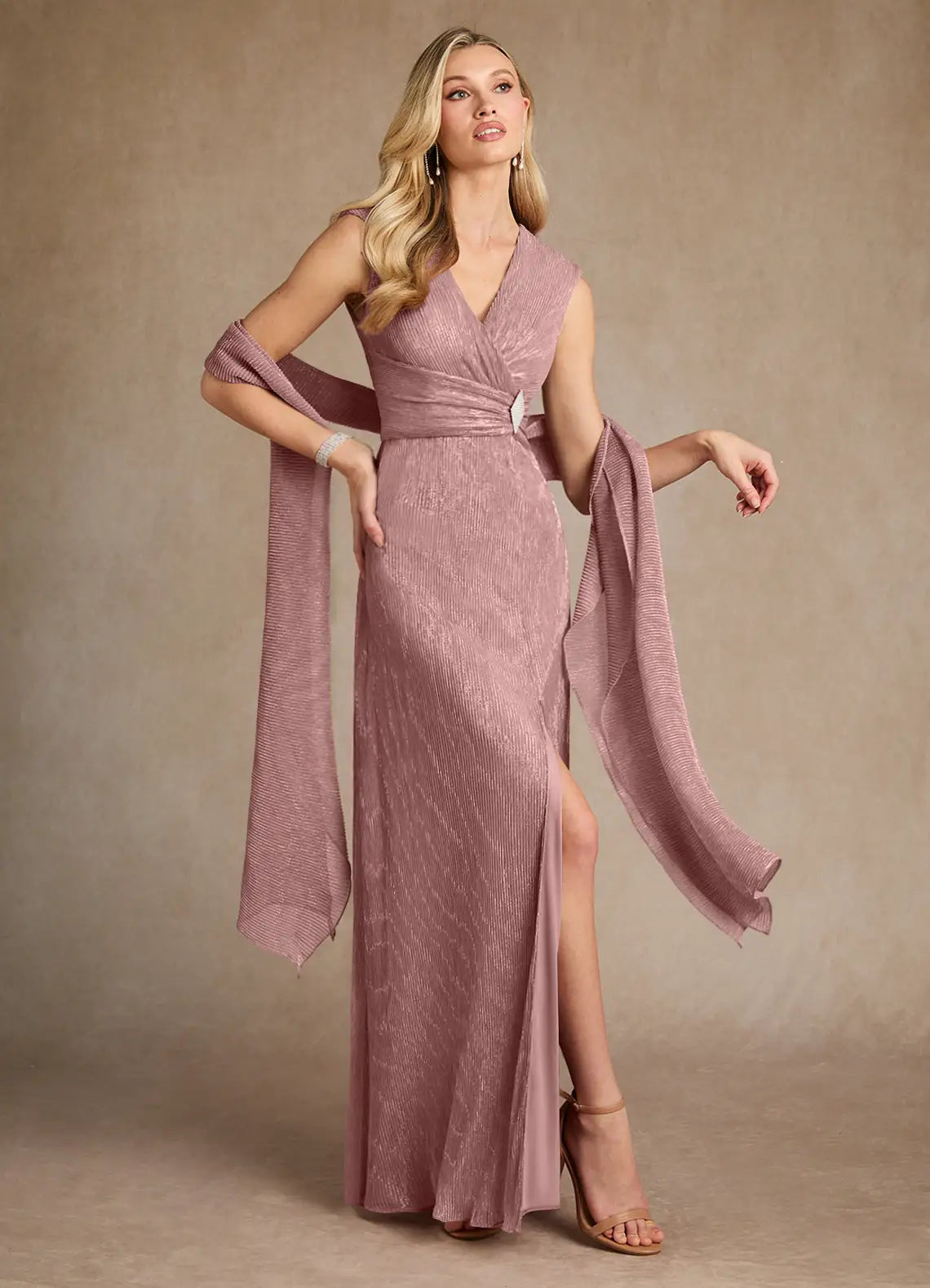 Elegant Sheath V-Neck Pleated Metallic Rhinestone Slit Mother of the Bride Dress With Capelet