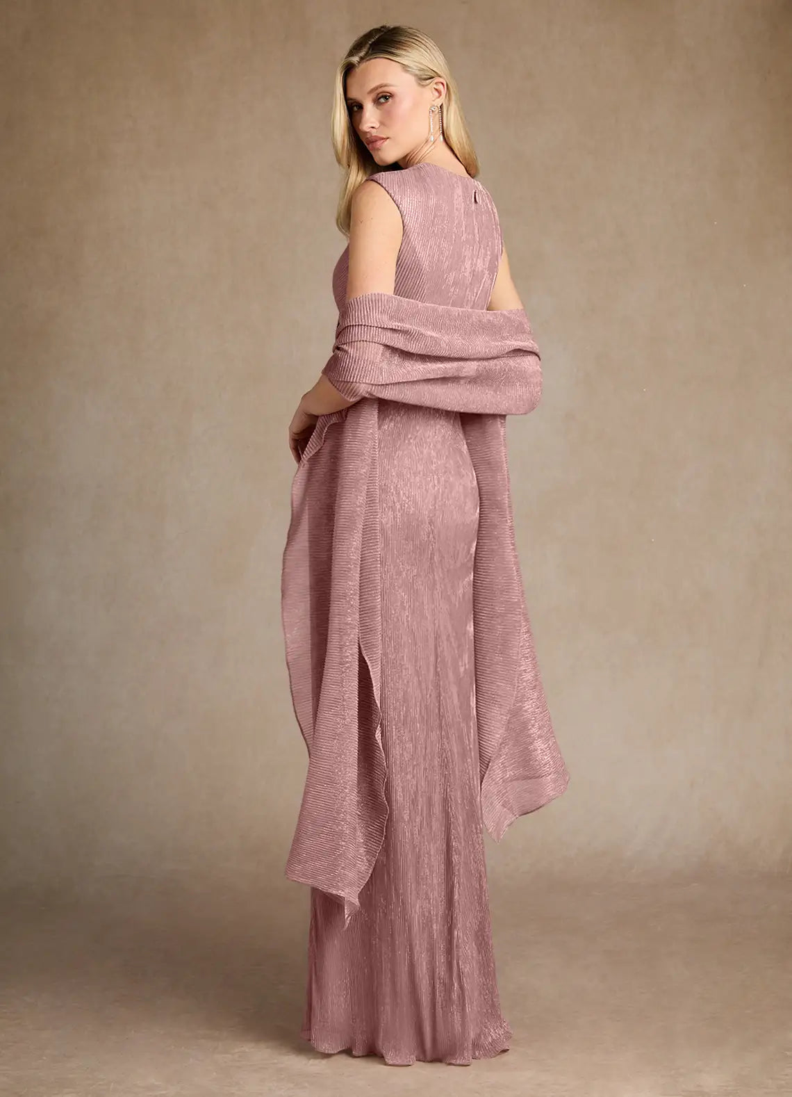 Elegant Sheath V-Neck Pleated Metallic Rhinestone Slit Mother of the Bride Dress With Capelet