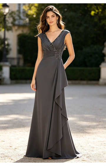 Elegant Sheath Vneck Chiffon Maxi Beaded Ruffle EveningGown