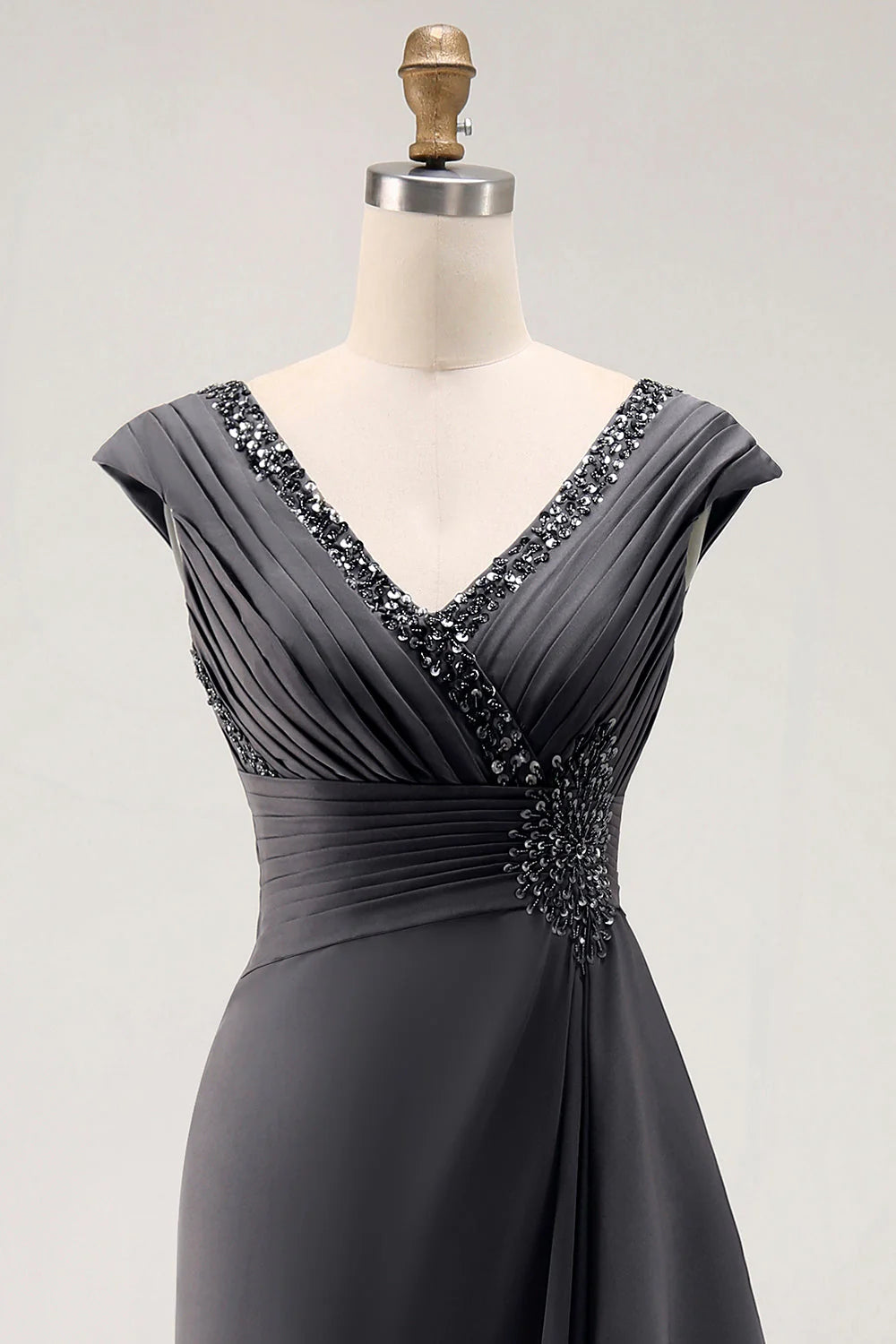 Elegant Sheath Vneck Chiffon Maxi Beaded Ruffle EveningGown