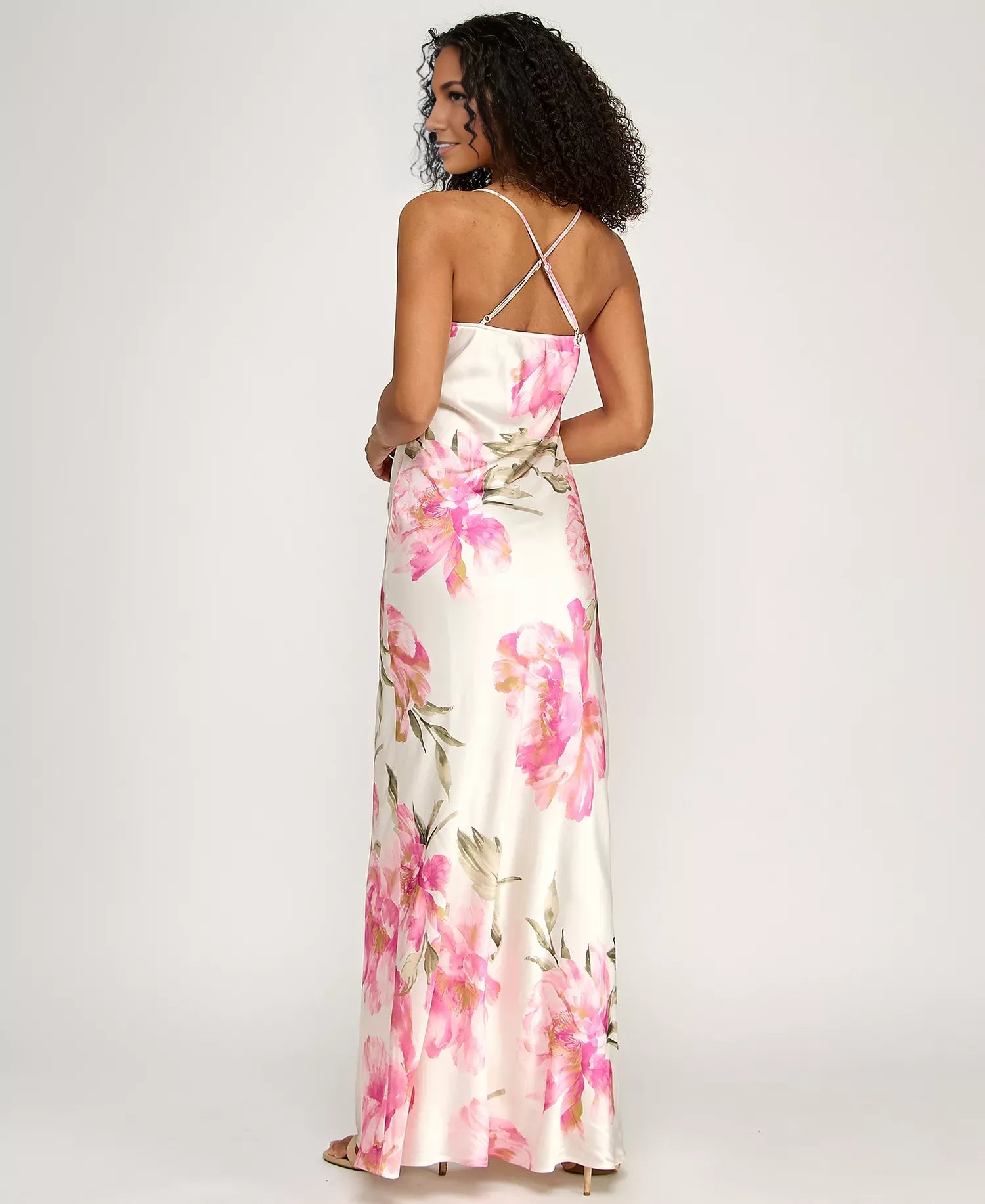 Elegant Slip-style Spaghetti Strap Satin Floor-length Floral Maxi Dress