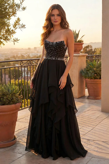 Elegant Sparkling Bead Tiered Ruffle Ball Gown Strapless Sleeveless Formal Evening Dress
