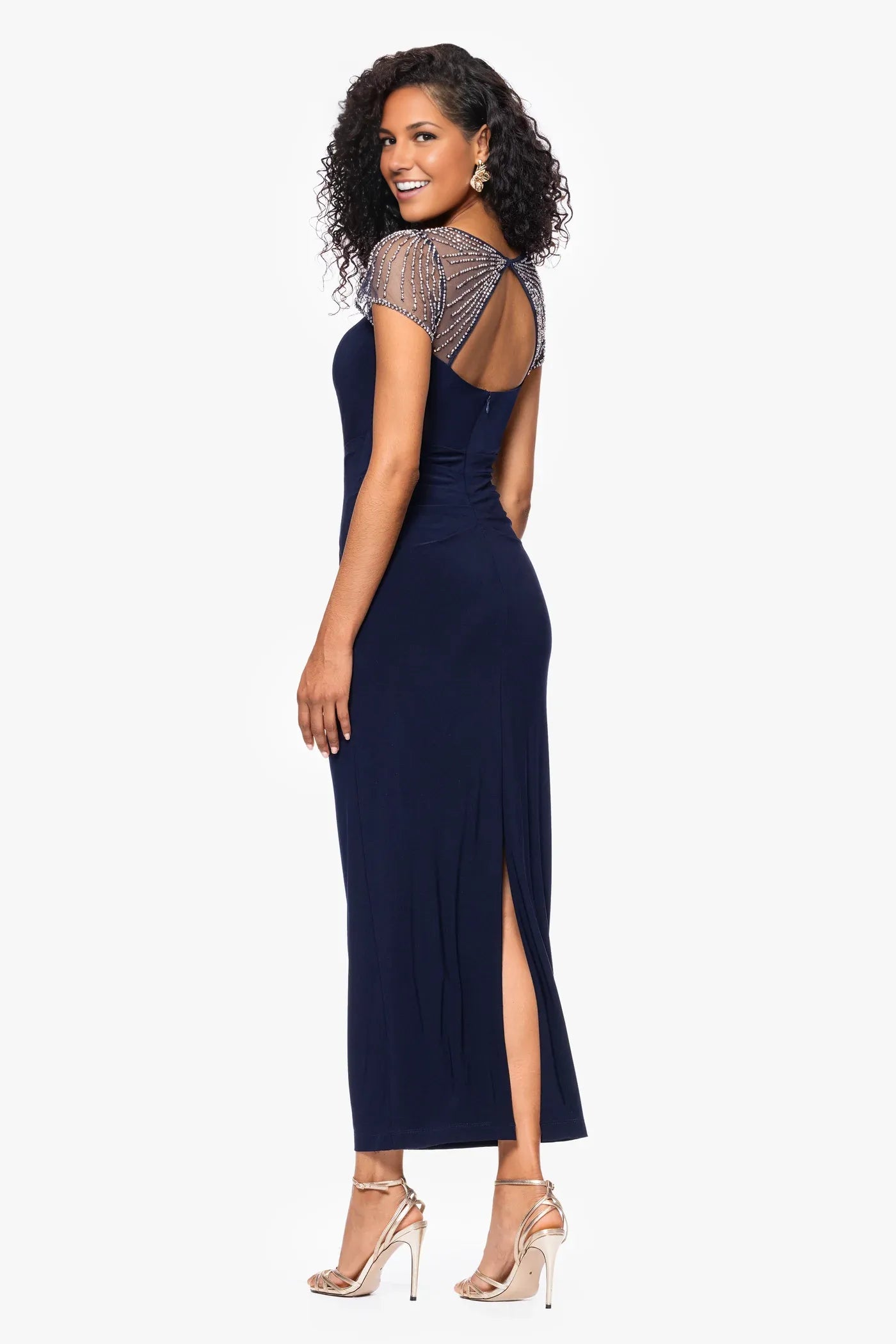 Elegant Bodycon Square Neckline Beaded Sleeve Jersey Knit Mother of the Bride Dress