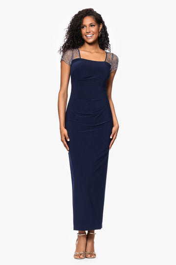 Elegant Bodycon Square Neckline Beaded Sleeve Jersey Knit Mother of the Bride Dress