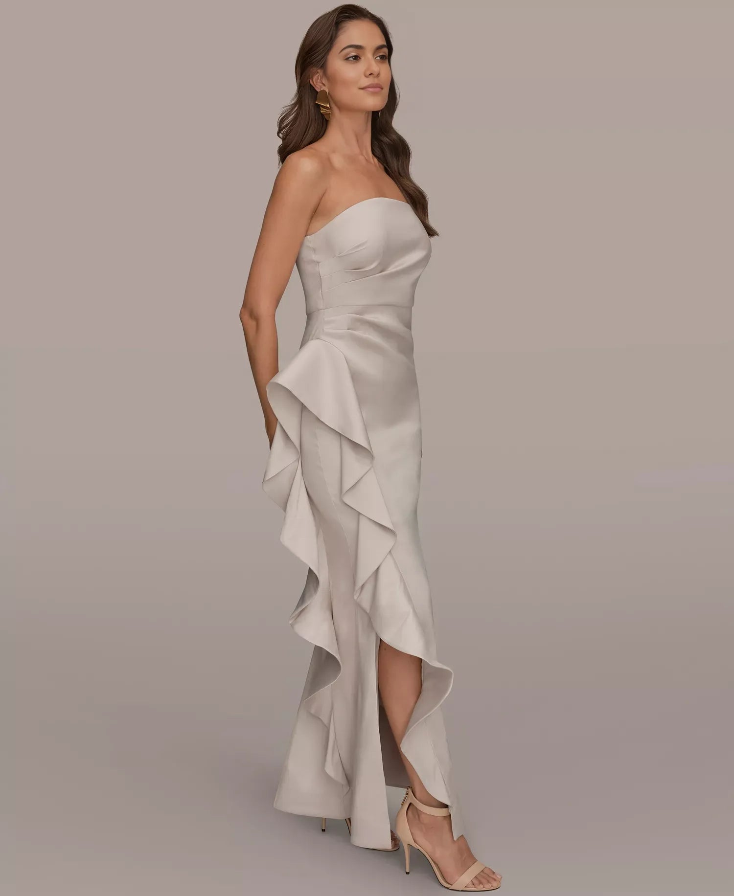 Elegant Strapless Satin Cocktail Dress Mermaid Gown With Ruffle Slit
