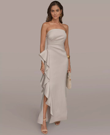 Elegant Strapless Satin Cocktail Dress Mermaid Gown With Ruffle Slit