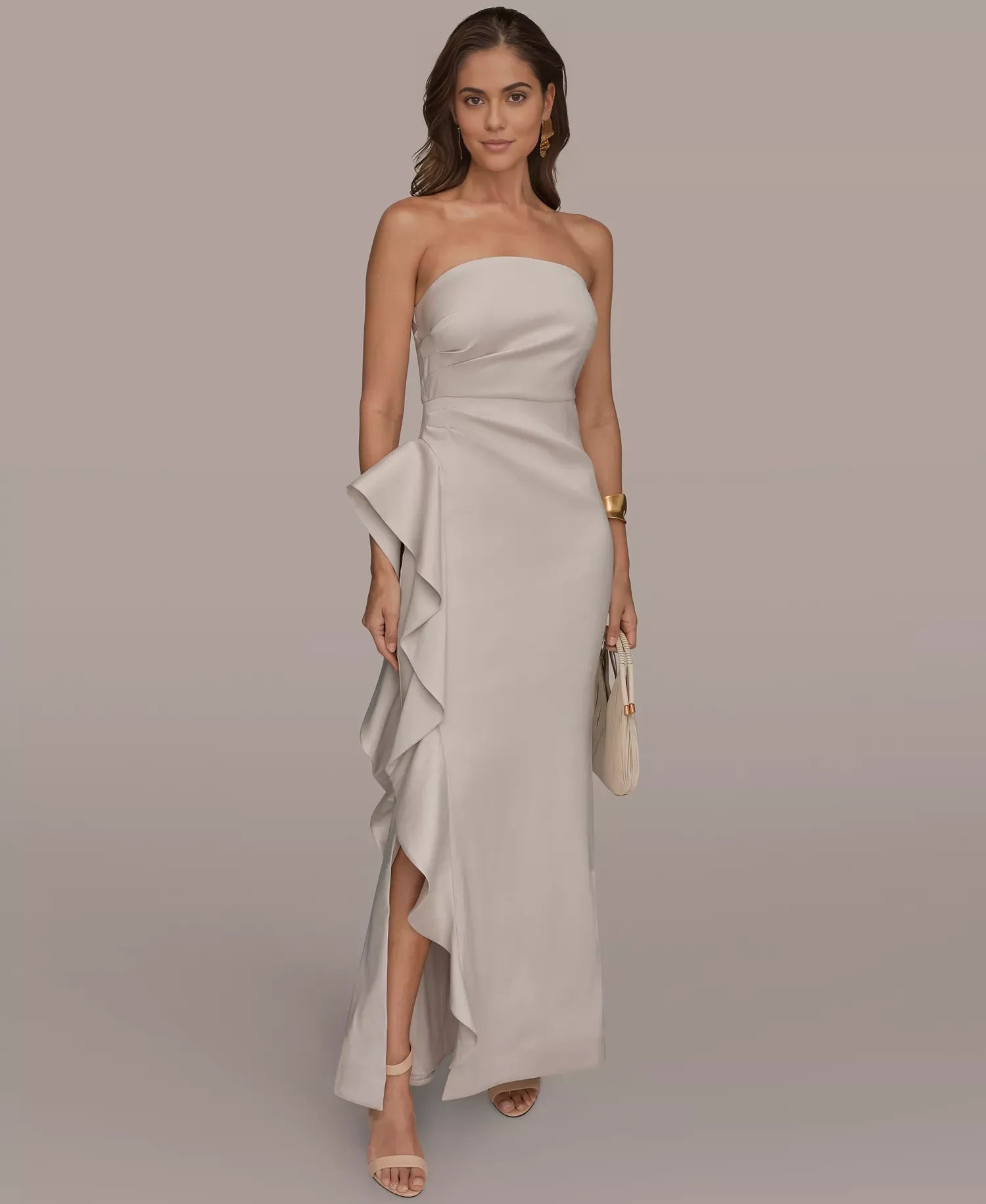 Elegant Strapless Satin Cocktail Dress Mermaid Gown With Ruffle Slit