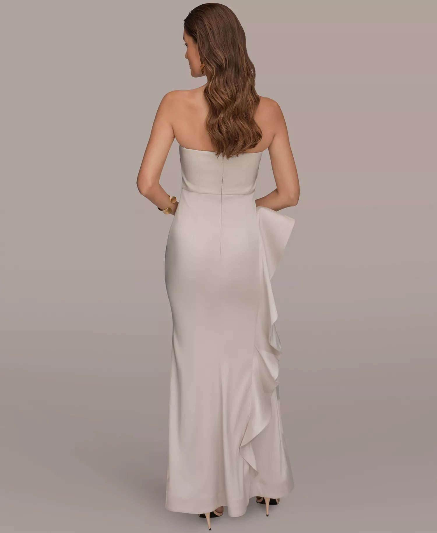 Elegant Strapless Satin Cocktail Dress Mermaid Gown With Ruffle Slit