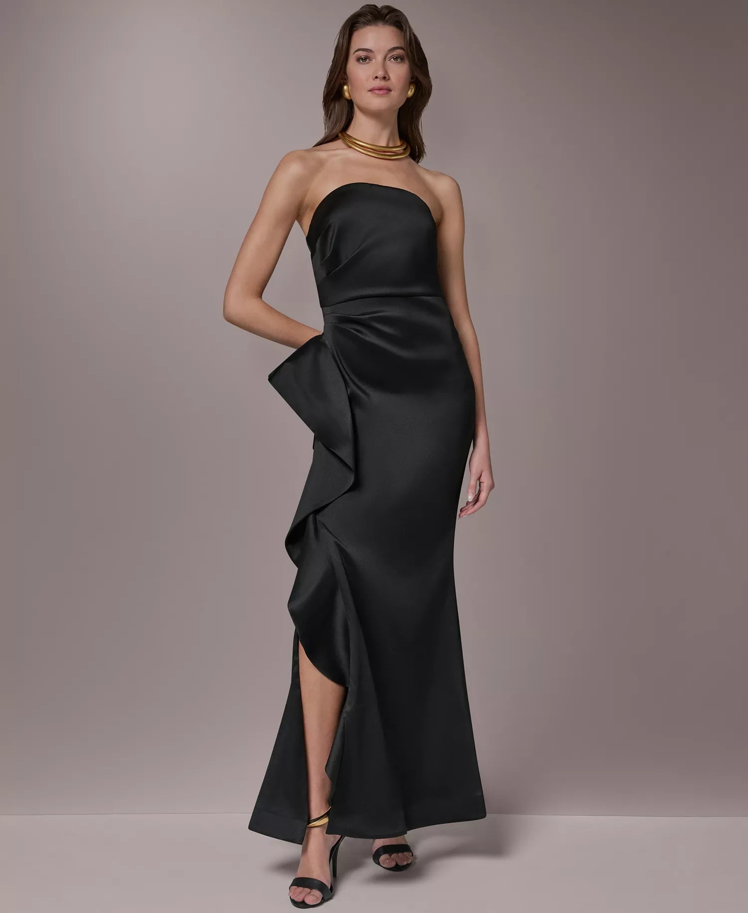 Elegant Strapless Satin Cocktail Dress Mermaid Gown With Ruffle Slit