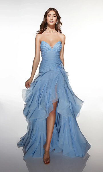 Elegant Strapless Sweetheart Neckline Tiered Tulle Evening Gown Formal Prom Dress