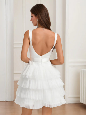 Elegant Tiered A-line Princess Square Neck Sleeveless Satin Tulle Homecoming Dress